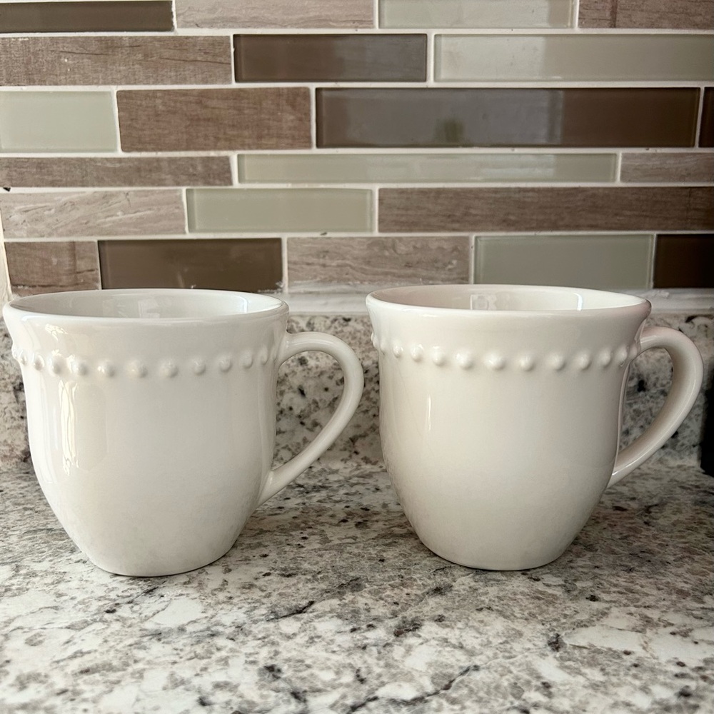 Pottery Barn Emma Beaded Stoneware Mugs, White, 3 3/4" Tall, Set of 2